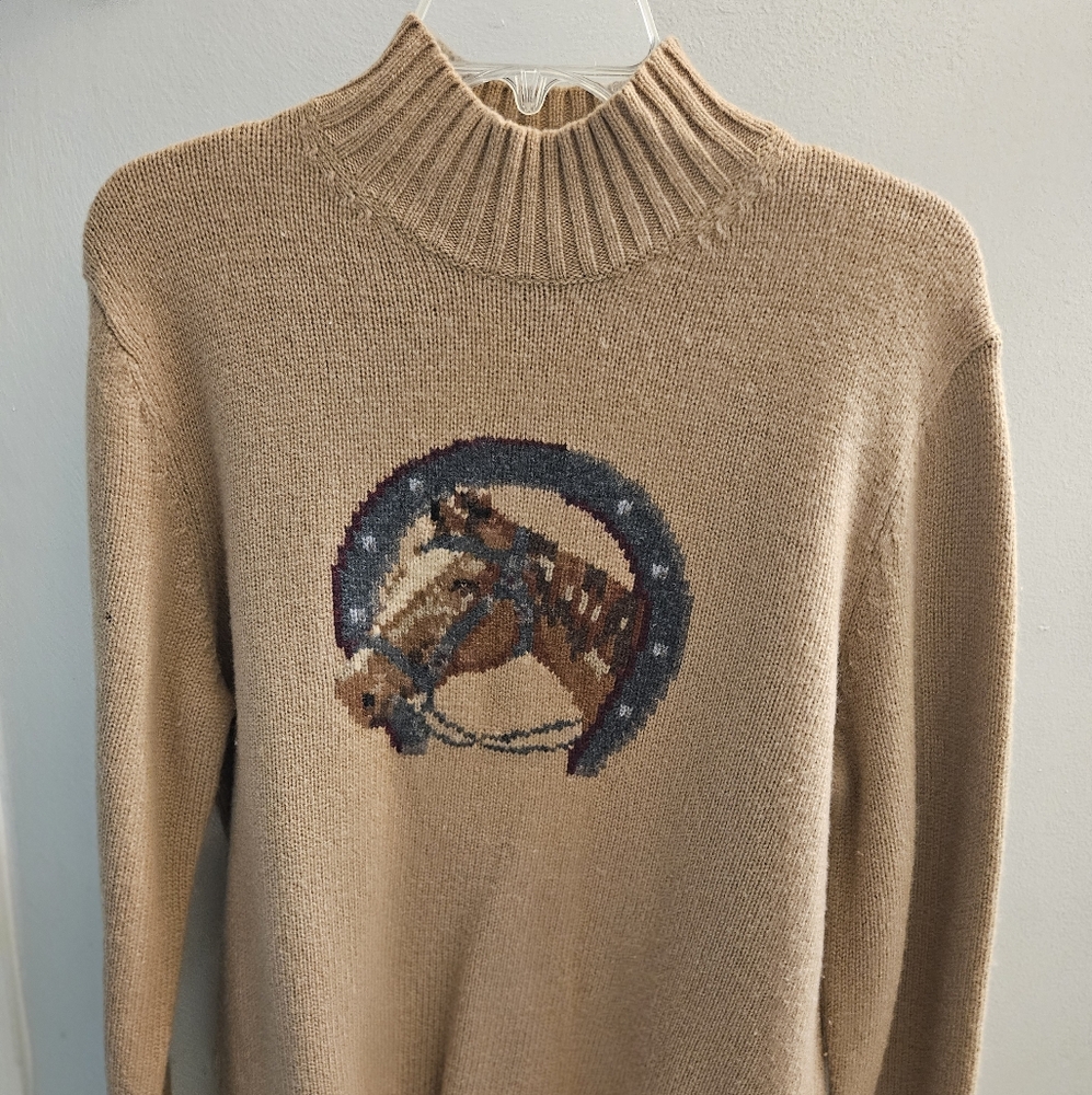 Ralph Lauren Brown Turtleneck Sweater With Horse and Lucky Horseshoe 100% Wool